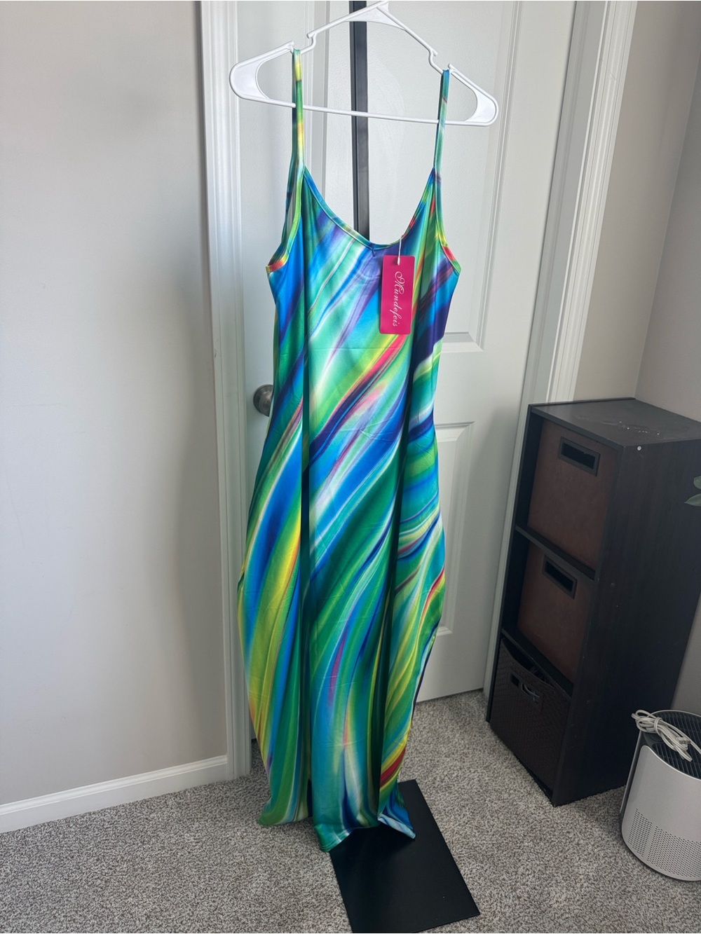 Vibrant Blue & Green Slip Maxi Dress with Spaghetti Straps
